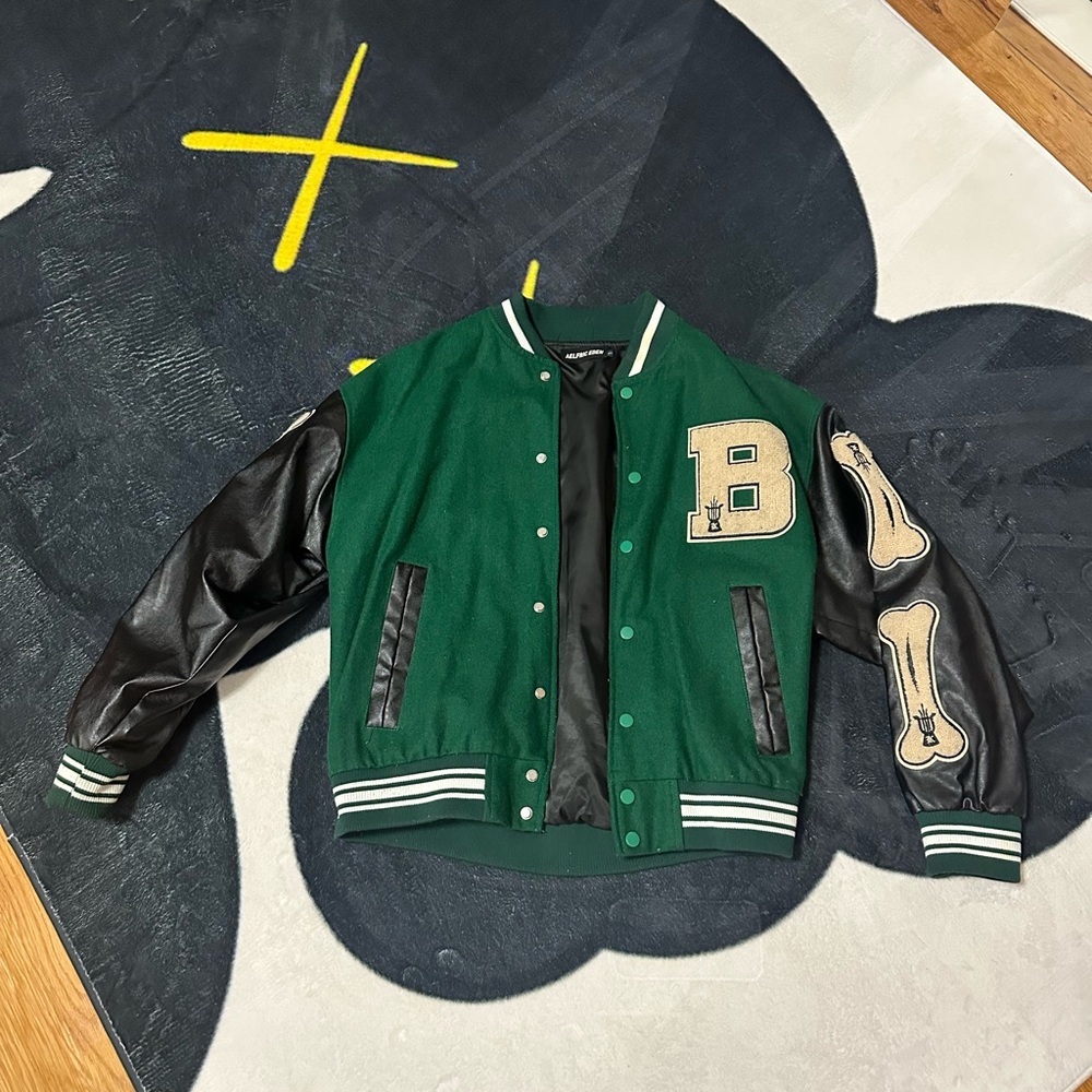 Aelfric Eden “Bone” Flocking Varsity Jacket - Green - Size S